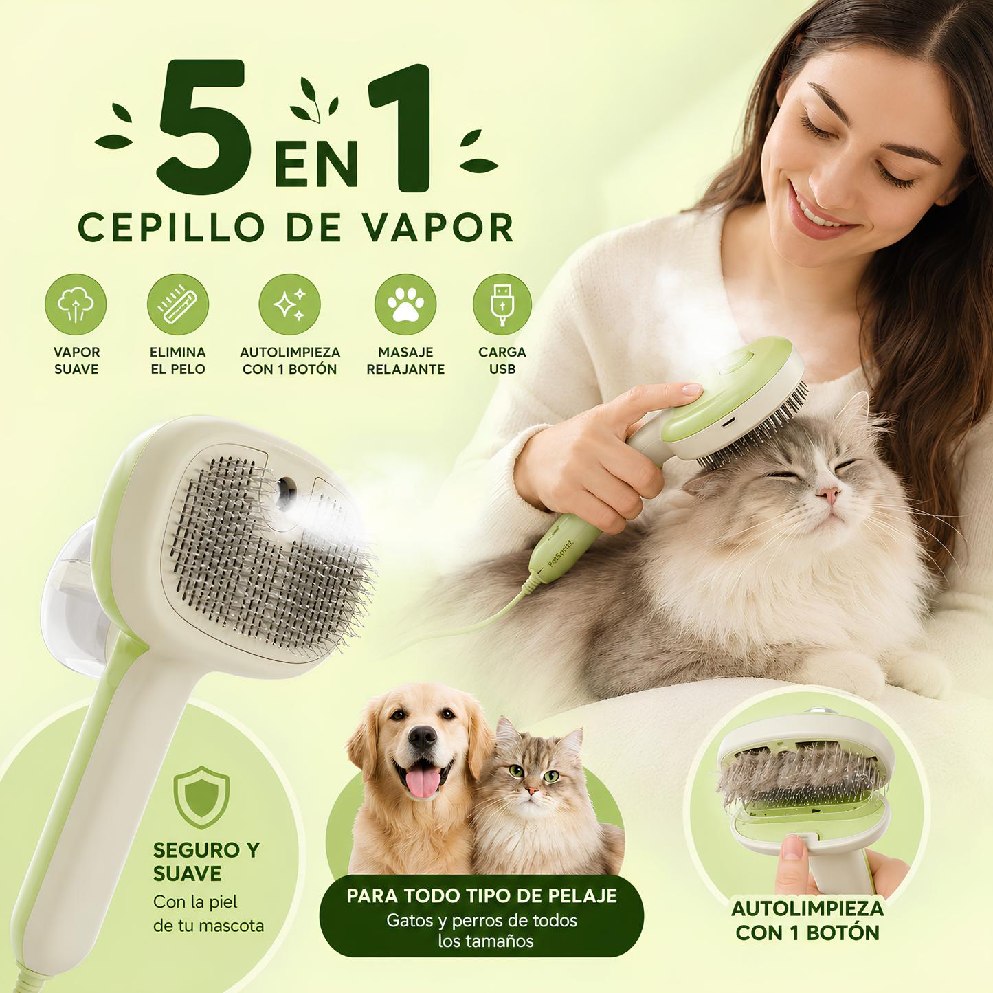 Cepillo de vapor 5 en 1 para perro y gato.